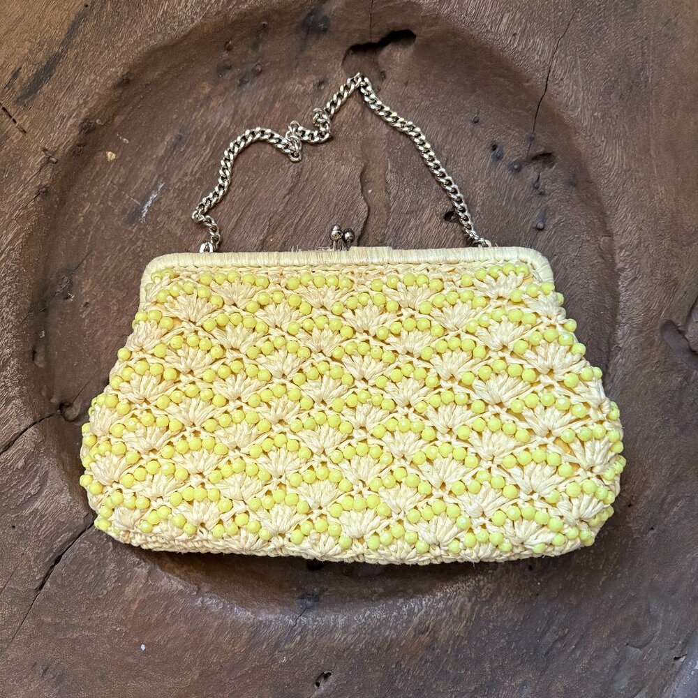 Vintage ADG butter yellow raffia beaded purse clutch party handbag 10 x 6 x 2 in